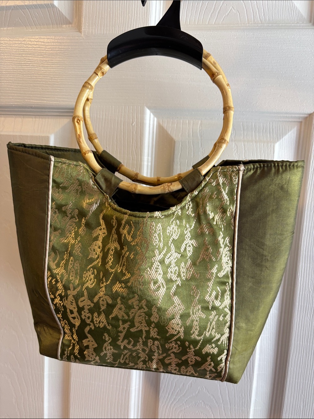 Vintage Asian Inspired Green Gold Brocade Bamboo Handle Tote Bag